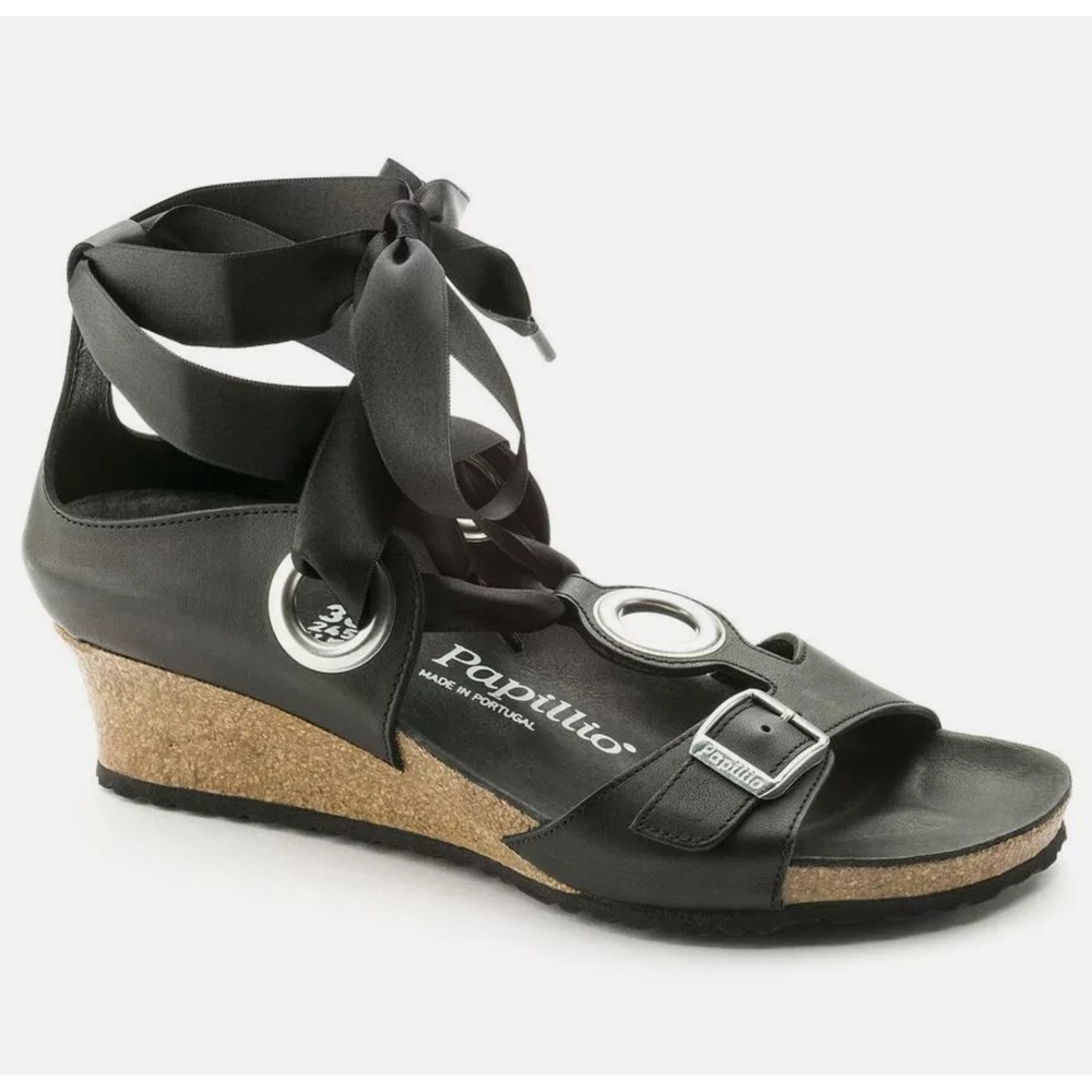 Papillio Birkenstock EMMY Sandals Womens 37/6.5 Black Leather‎ Wedge Comfort NEW